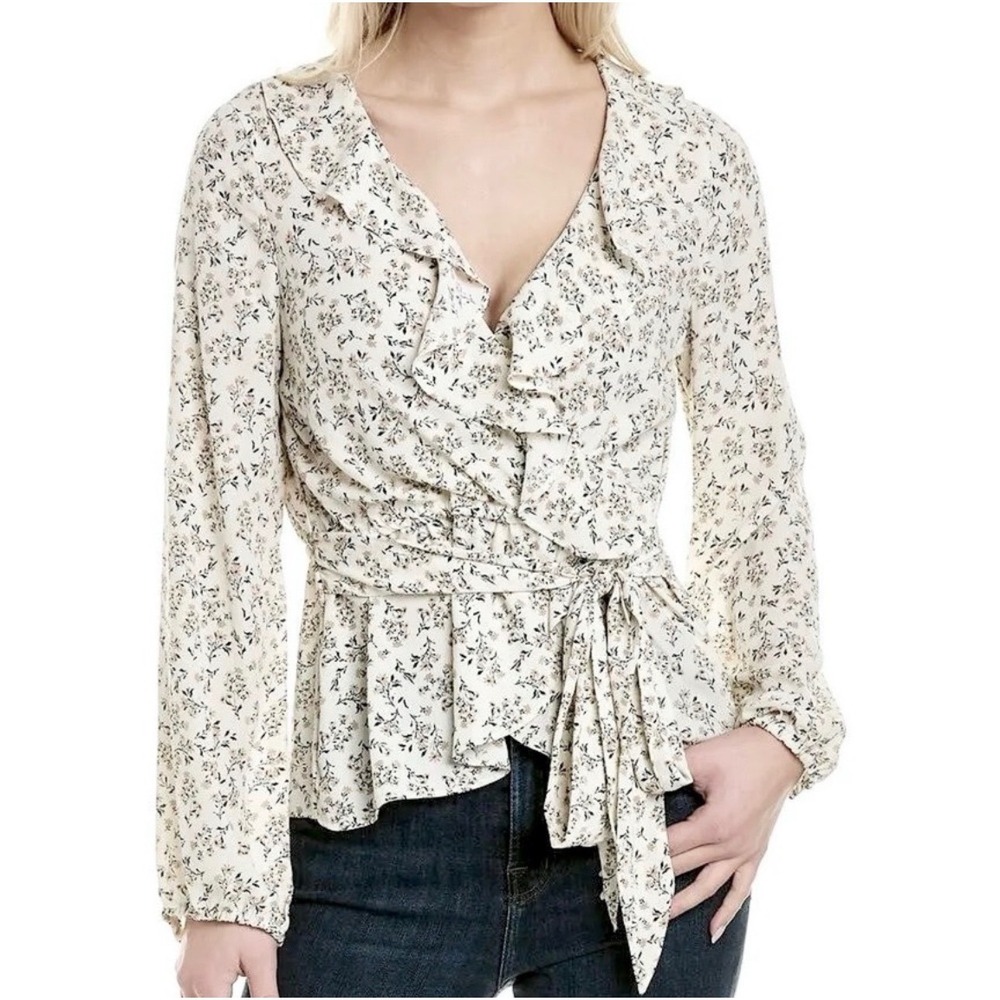 NWT Max Studio Floral Ruffle Wrap Blouse Cream Tan Long Sleeve Peplum Top Size M